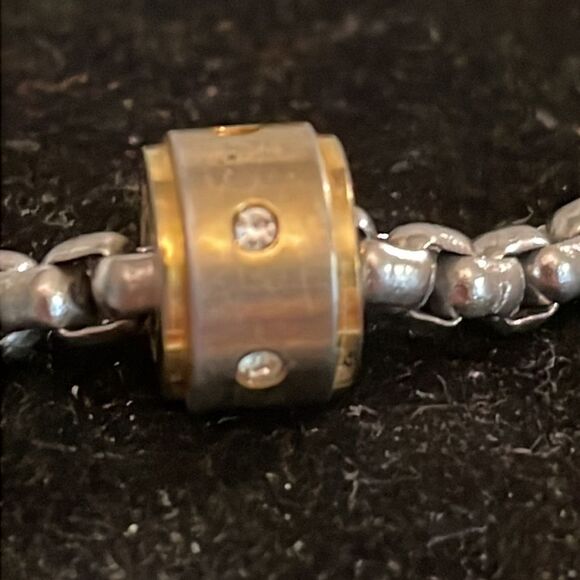 Stainless steel double box chain bracelet w/3- tricolor rings w/crystal accents - Picture 2 of 13